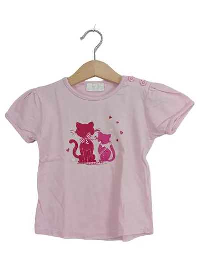 OKAY Mädchen T-Shirt Gr. 86 Rosa Katzen Motiv Kurzarm Baumwolle
