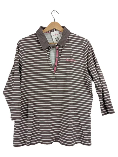 RABE Damen Poloshirt Gr. 48 Braun Weiß Gestreift 3/4-Arm Baumwolle