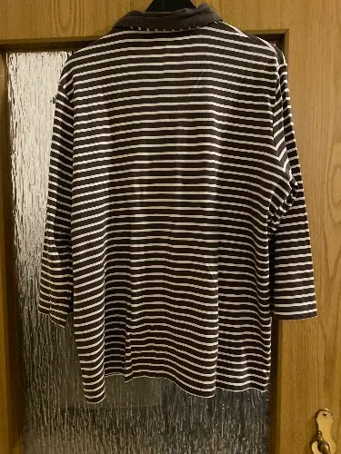 RABE Damen Poloshirt Gr. 48 Braun Weiß Gestreift 3/4-Arm Baumwolle