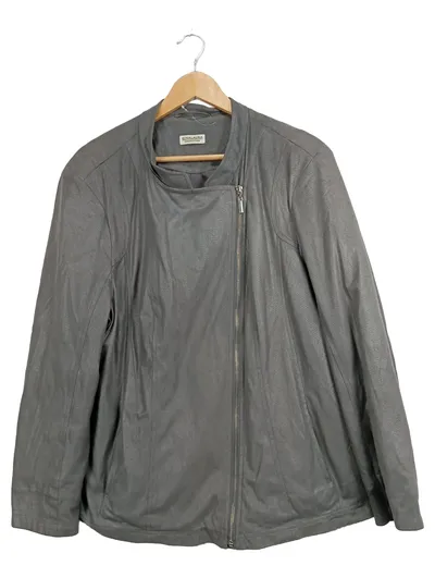 GINALAURA Damen Kunstlederjacke Grau Langarm Reißverschluss Gr. 52 6XL
