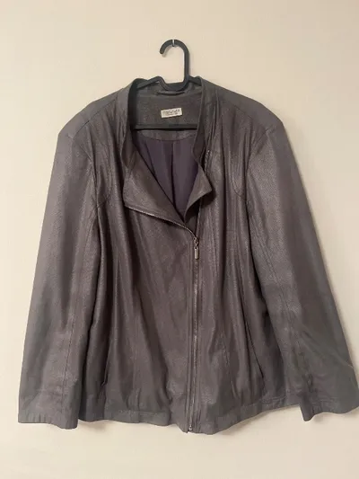 GINALAURA Damen Kunstlederjacke Grau Langarm Reißverschluss Gr. 52 6XL