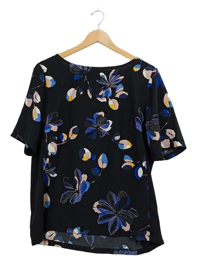 Fransa Damen Bluse T-Shirt Blumenmuster Schwarz Blau Gr. M Kurzarm