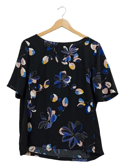 Fransa Damen Bluse T-Shirt Blumenmuster Schwarz Blau Gr. M Kurzarm