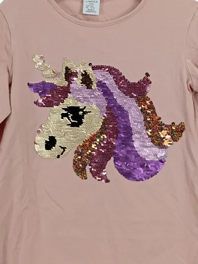 Lindex Mädchen Langarmshirt Einhorn Pailletten Gr. 134 Rosa Casual