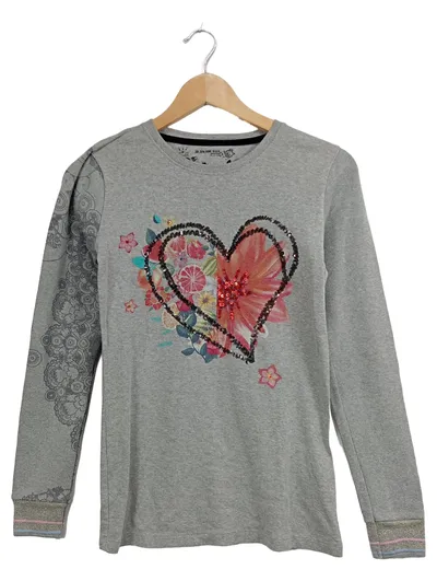 Desigual Mädchen Langarmshirt Gr. 158 (13-14 Jahre) Grau Herz-Print Casual