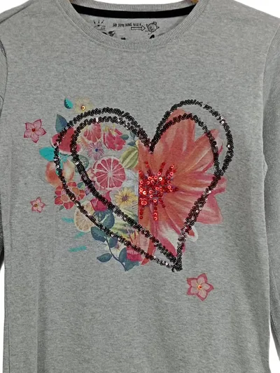 Desigual Mädchen Langarmshirt Gr. 158 (13-14 Jahre) Grau Herz-Print Casual