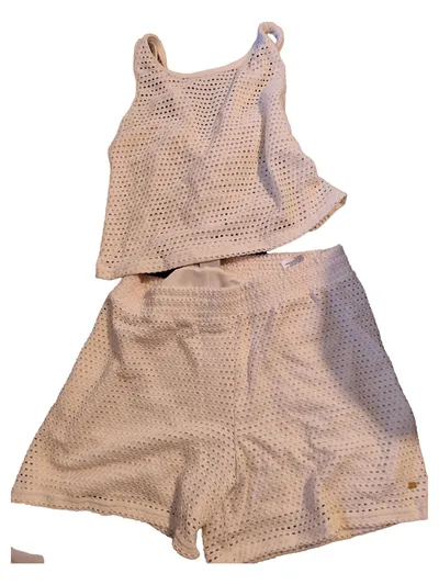 Sylvie Meis Damen Twin Set Top Shorts Gr. M Beige Lochmuster