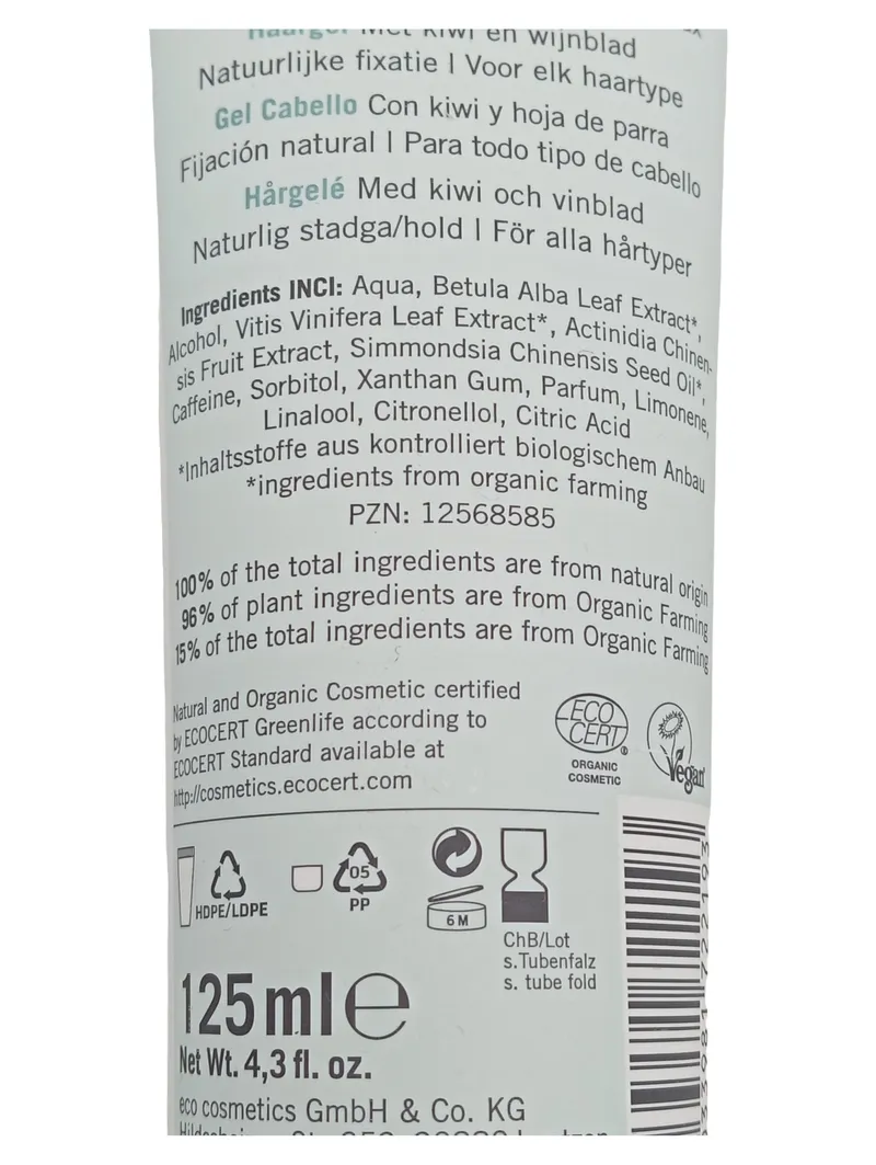eco cosmetics Hair Styling Gel Haargel Kiwi Weinblatt Bio Vegan 125ml 6