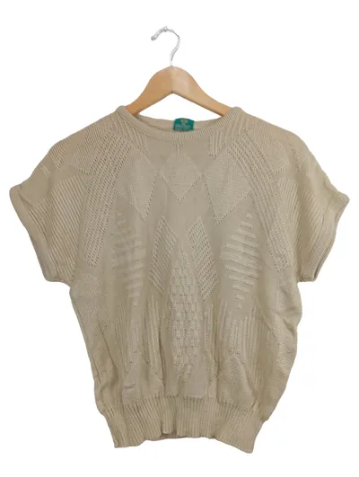 CANDA Damen Pullover Strickshirt Kurzarm Lochmuster Beige Gr. 46/3XL