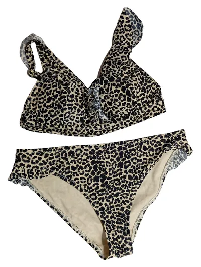 SHIWI Damen Bikini Leoparden-Print Rüschen Beige Gr. 34