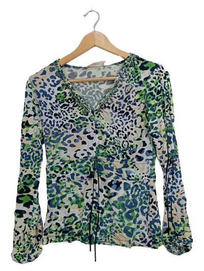 BiBA Damen Bluse Shirt Langarm Gr. 36 S Animal Print Mehrfarbig Perlen Modisch