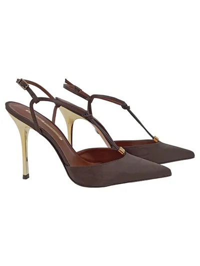 Buffalo London Damen Pumps Braun Gr. 39 Slingback Gold Absatz Strass