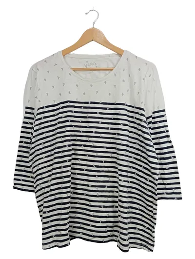 CANDA Damen T-Shirt XL Maritim Streifen Vogelmuster Weiß 3/4-Arm
