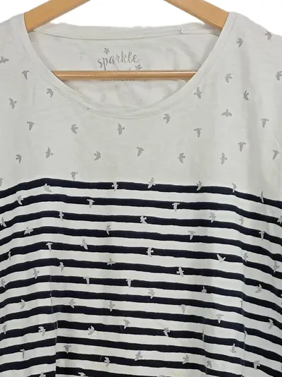CANDA Damen T-Shirt XL Maritim Streifen Vogelmuster Weiß 3/4-Arm