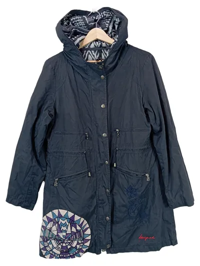 Desigual Damen Parka Jacke Gr. 42/XL Blau Kapuze Stickerei Bohemian