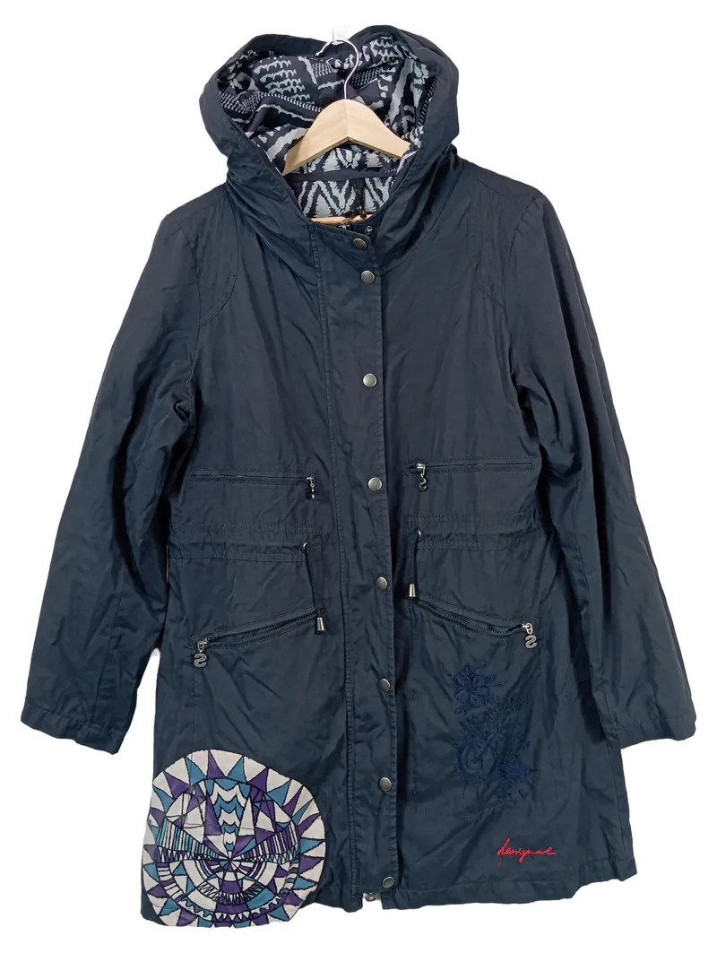 Desigual Damen Parka Jacke Gr. 42/XL Blau Kapuze Stickerei Bohemian 1