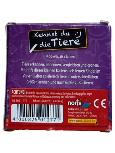 Noris Kennst du die Tiere Lernspiel Kartenspiel ab 5 Jahren 1-4 Spieler