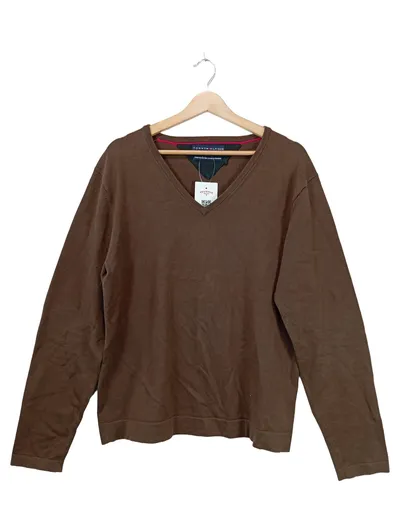 Tommy Hilfiger Pullover Herren Gr. L Braun V-Ausschnitt Baumwolle