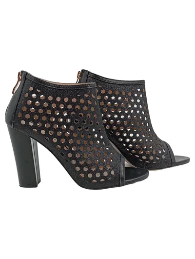 CafèNoir Peep-Toe Stiefelette Lochmuster Leder Reißverschluss Schwarz 37