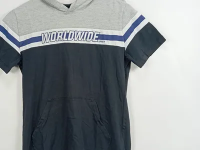LOGIC-K Kinder Hoodie Kurzarm Worldwide Gr. 152/14Y Grau Blau Kängurutasche