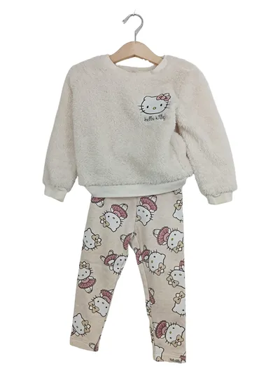 Hello Kitty Schlafanzug Mädchen Gr. 92 Pyjama Set Kuschelig Beige