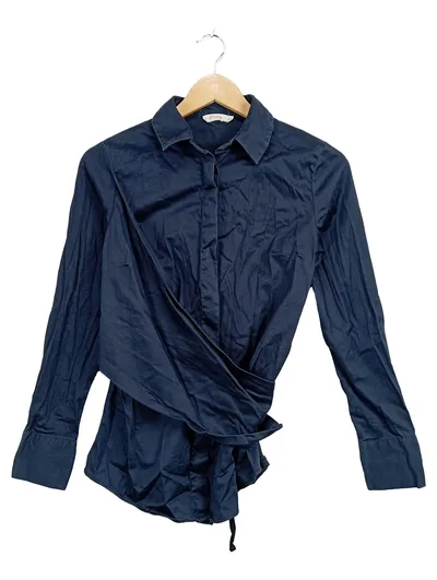 Finery London Damen Wickelbluse Hemdbluse Gr. 34/XS Blau Baumwolle