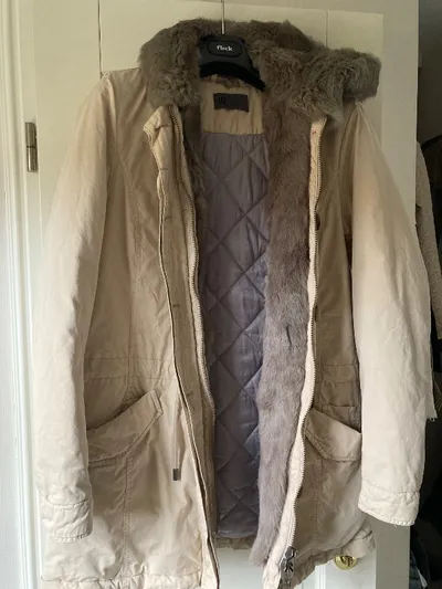 IQ+ Berlin Damen Parka Beige Gr. 38 Kapuze Fellbesatz Freizeit Baumwolle