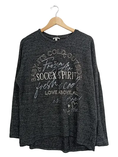 SOCCX Damen Pullover Gr. 38/M Grau Casual Langarm Schriftzug