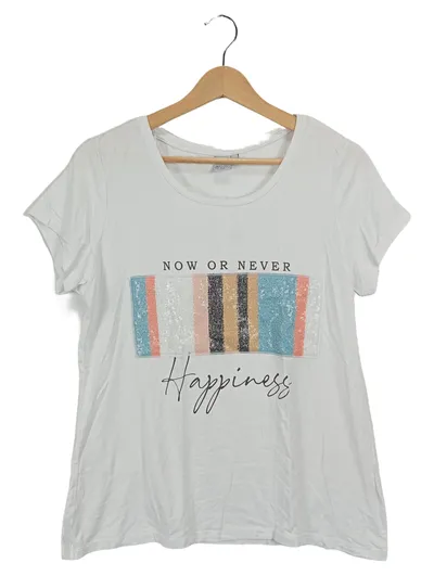 LIBERTY WOMAN Damen T-Shirt Gr. 38/M Weiß Pailletten Happiness Kurzarm Casual