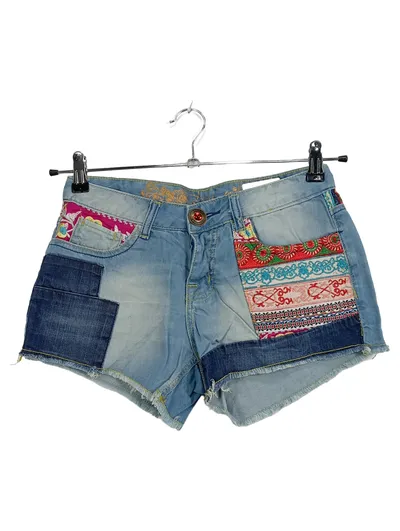 Desigual Damen Jeans Shorts W26/34 Patchwork Ethno Stickerei Boho Blau