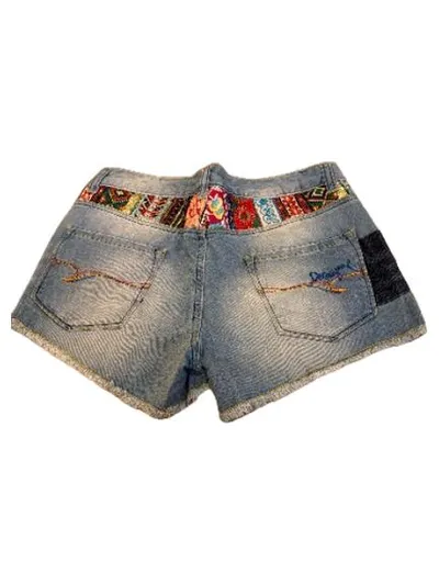 Desigual Damen Jeans Shorts W26/34 Patchwork Ethno Stickerei Boho Blau