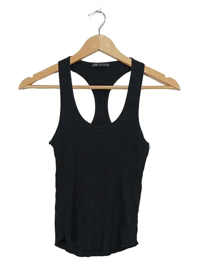 ZARA Damen Tank Top Schwarz Gr. S Racerback Rippstrick Baumwolle