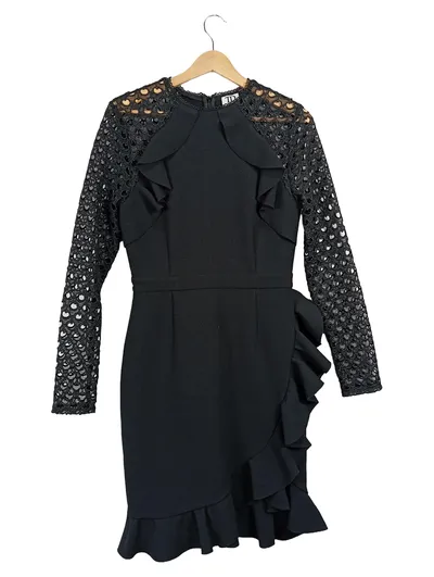 True Decadence Damen festliches Kleid Gr. 36 Schwarz Rüschen Spitze Langarm