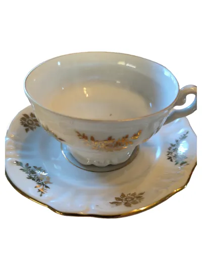 Bremer & Schmidt Tasse Untertasse Porzellan Blumen Festlich Weiß 3cm