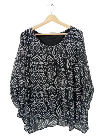CANDA Premium Damen Bluse Gr. 46 Ethno Muster Schwarz Weiß Oversize