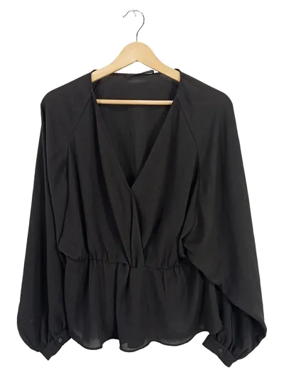 AllSaints Damen Bluse Schwarz Gr. M Langarm V-Ausschnitt Peplum Elegant