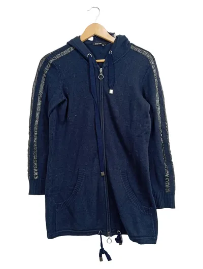 MARC AUREL Damen Strickjacke Kapuze Leder-Applikationen Blau Gr. 36/S
