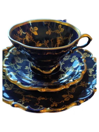 Lindner Kaffeetasse 3tlg Set Echt Cobalt Rosengold Blumen Porzellan Blau