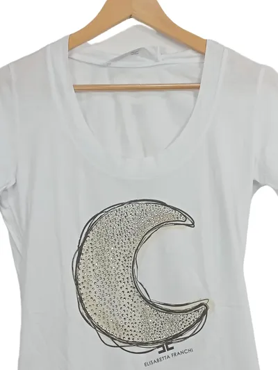 Elisabetta Franchi Damen T-Shirt Grafik Strass Weiß Gr. 42 XL