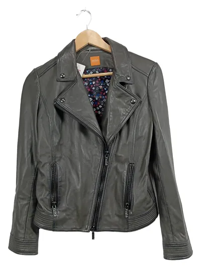 BOSS Damen Lederjacke Bikerjacke Gr. 36 Grau Modern