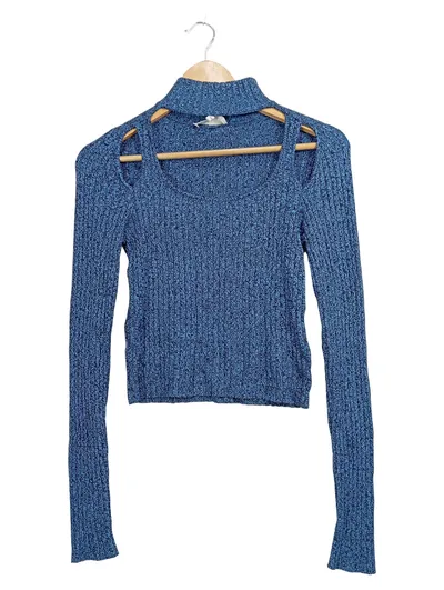 EDITED Damen Pullover Rollkragen Cut-Outs Rippstrick Blau Gr. 36 S