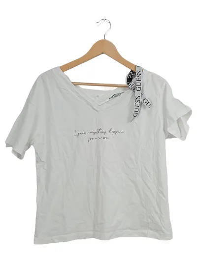 GUESS Damen T-Shirt Gr. 40/L Weiß V-Ausschnitt Schleife Logo Casual