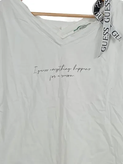 GUESS Damen T-Shirt Gr. 40/L Weiß V-Ausschnitt Schleife Logo Casual