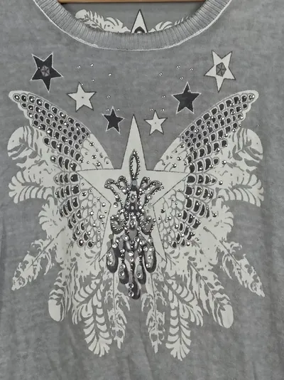 Cosima Damen Langarmshirt Grau Gr. 36 mit Sternen & Flügelmotiv