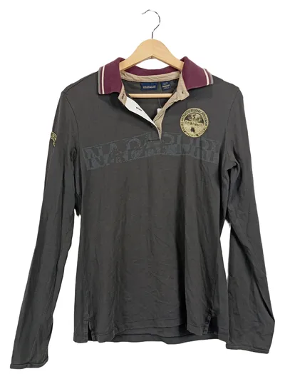 Napapijri Damen Langarm Poloshirt Baumwolle Freizeit Grau Gr. L 40