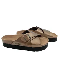 BAYTON Damen Pantoletten Gr. 40 Gold Casual Kreuzriemen Plateau 1