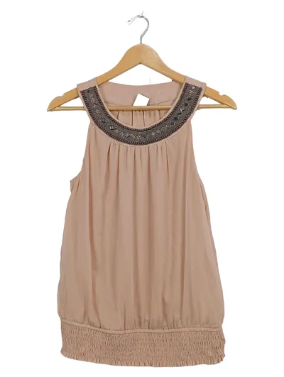 VERO MODA Damen Top Gr. S Beige Perlenbesatz Ärmellos Bluse Shirt