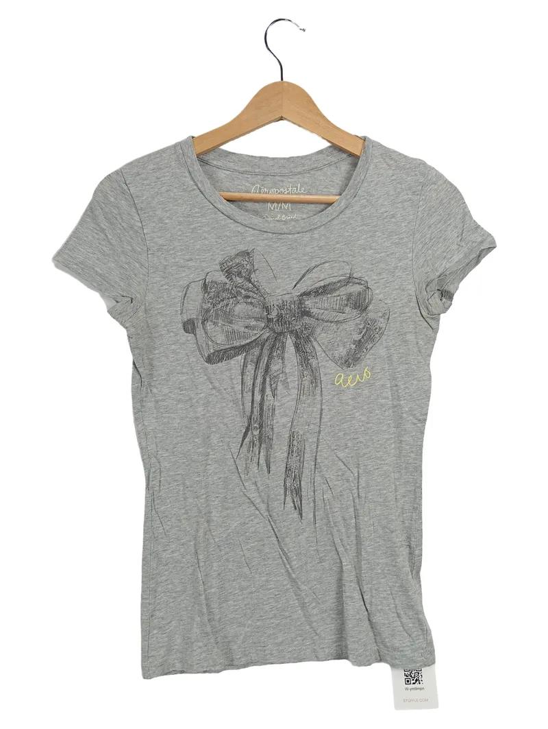 Aéropostale Damen T-Shirt Kurzarm Baumwolle Gr. 38/M Grau Grafik Schleife 1