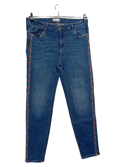 Springfield Damen Jeans Straight Leg Gr. 44 Blau mit Stickerei Bohemian