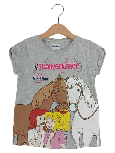 Bibi & Tina Mädchen T-Shirt Grau Gr. 104/110 Pferde #Stallgeflüster Kurzarm